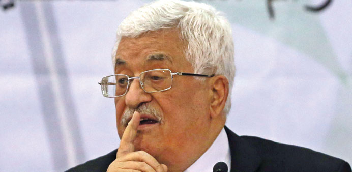 Palestinian leader Mahmoud Abbas addresses the Palestinian leadership at the opening of a two-day conference in the West Bank city of Ramallah to disc