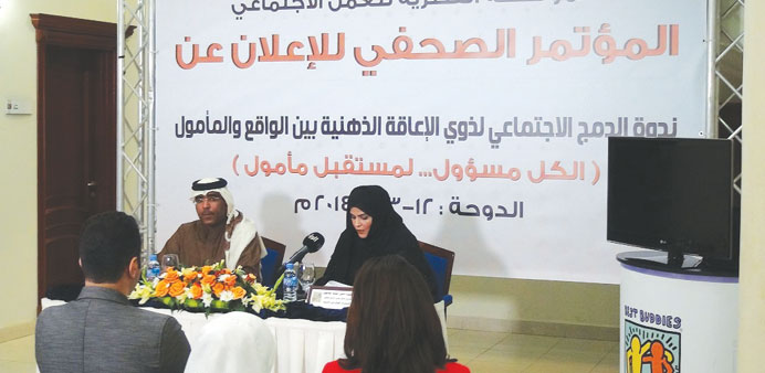 Best Buddies Qatar officials announcing the schedule for a seminar during a media conference yesterday.