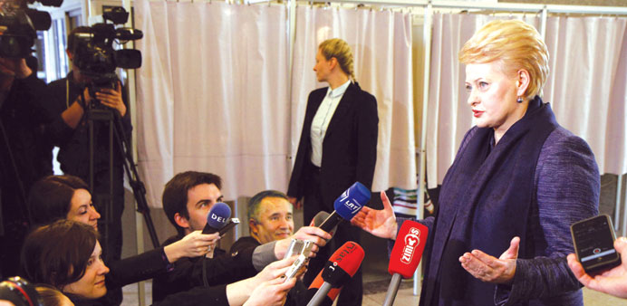 Lithuaniau2019s President Dalia Grybauskaite talks to journalists in Vilnius yesterday.