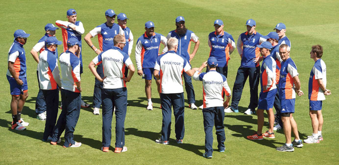 England players listen to coach Peter Moores during training in Wellington yesterday. (AFP)