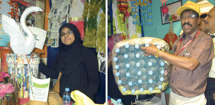 Products made of used papers at the exhibition.  and A chair made of used plastic bottles.