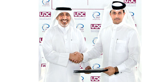 Al-Sulaiti and Al-Aqaily (left) at an agreement signing ceremony yesterday.