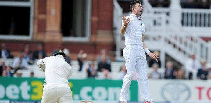 England seamer James Anderson celebrates after removing Martin Guptill for his 400th Test wicket.