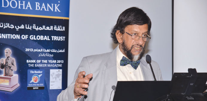 Dr R K Pachauri speaking on sustainable development at a session organised by Doha Bank yesterday.