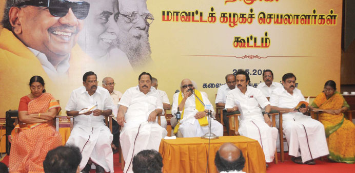 DMK chief M Karunanidhi speaks at a party meeting in Chennai yesterday.