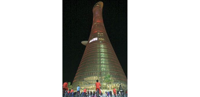 The Torch Hotel being lit up yesterday by cyclists pedaling the stationary bikes. PICTURES: Jayan Orma