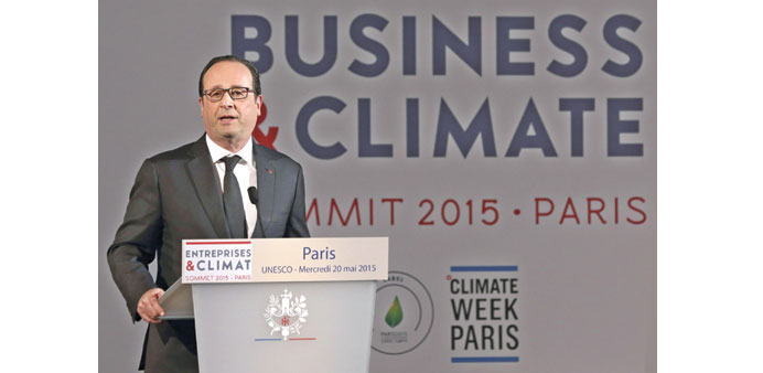 French President Francois Hollande speaks at the u2018Business and Climate Summit 2015u2019 at the Unesco headquarters in Paris yesterday.
