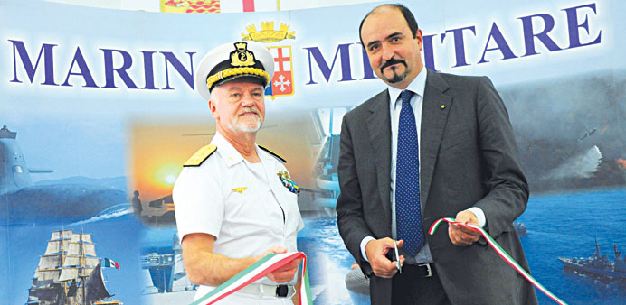 Italian Ambassador Guido De Sanctis and Rear Admiral Paolo Treu opening an exhibition aboard the Italian aircraft carrier Cavour. PICTURE: Jayan Orma