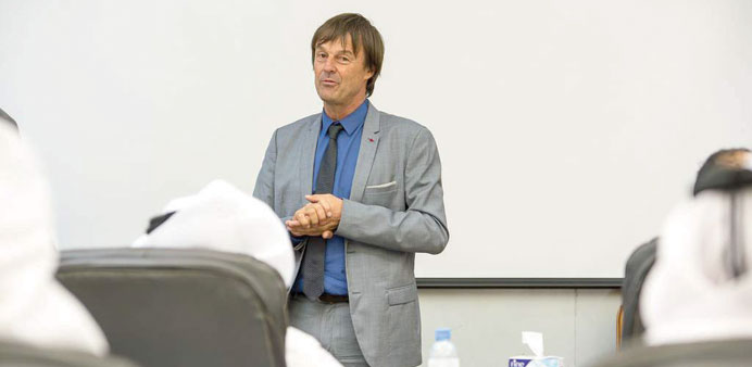 Nicolas Hulot delivering a speech about environmental and climate change issues.