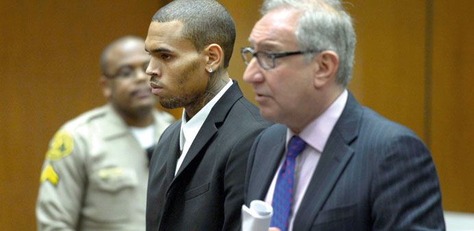 US singer Chris Brown and attorney Mark Geragos  attend a hearing in Superior Court in Los Angeles on Friday.
