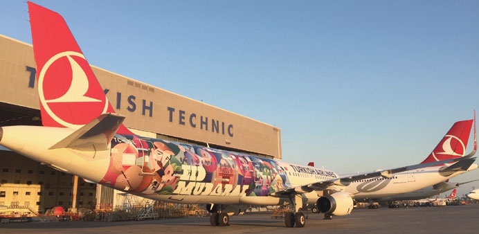 A Turkish Airlines plane with the u2018Eid Mubaraku2019 message painted on it.