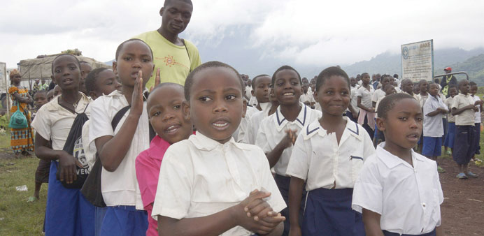 Congolese children sings to celebrate the victory of the government military forces over M23 rebel fighters in Goma yesterday.