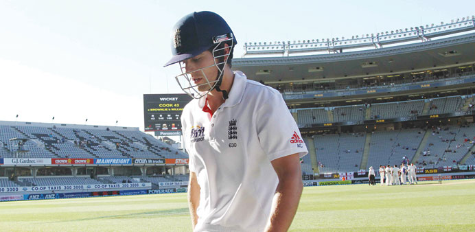 Englandu2019s Alastair Cook leaves the field after being dismissed against New Zealand in Auckland yesterday. (Reuters)