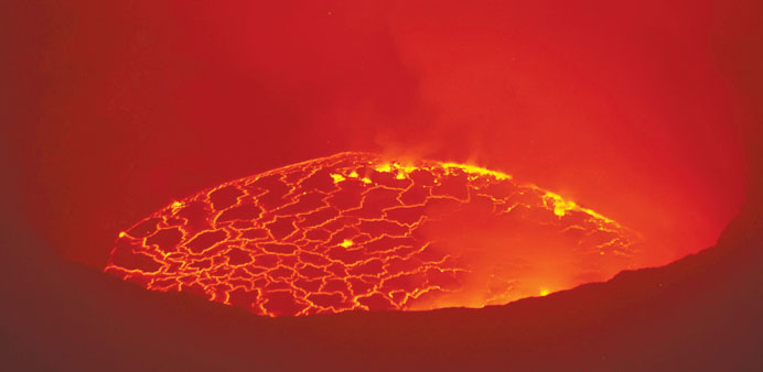 Steam and spurts of molten rock are pictured in the lava lake of Mount Nyiragongo.