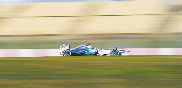 Mercedes GPu2019s Nico Rosberg drives during a Formula One testing session at Circuit de Catalunya near Barcelona yesterday. (AFP)
