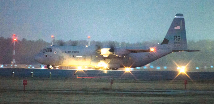 A US C-130 Hercules lands yesterday at the 32 Tactical Air Base in Lask, central Poland. The US Air Force Team, which includes F-16 fighters, transpor