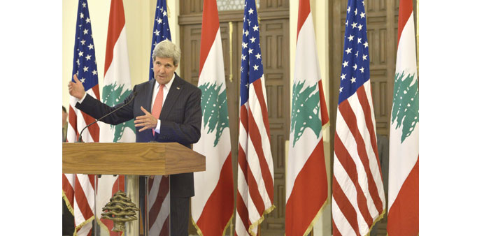 US Secretary of State John Kerry addressing a news conference at the government palace in Beirut yesterday.