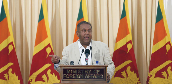 Foreign Minister Samaraweera speaks during a news conference on a United Nations (UN) report about war crimes committed during Sri Lankau2019s 26-year civ