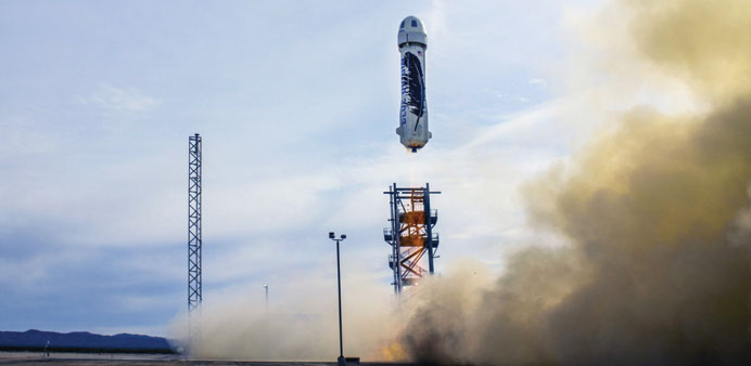 The worldu2019s first reusable rocket as it flies from a launch site in West Texas. The rocket ship achieved a breakthrough by travelling 100km into outer