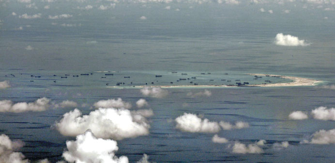The alleged ongoing land reclamation by China on Mischief Reef in the Spratly Islands in the South China Sea, west of Palawan, Philippines, is seen in