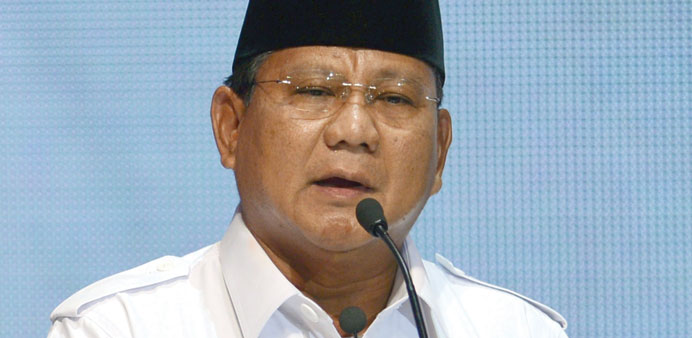 Indonesian presidential candidate Prabowo Subianto answers questions during a live television debate in Jakarta.