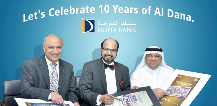 Doha Bank CEO R Seetharaman is flanked by senior officials during the formal announcement of the 2013 rewards for the Al Dana savings programme.