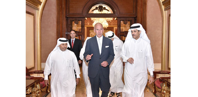 Sheikh Dr Khalid (right) among other Qatari dignitaries receiving Selig at the formeru2019s majlis in Doha.