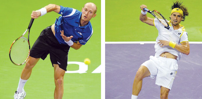Russiau2019s Nikolay Davydenko (left) and Spainu2019s David Ferrer and  in action during their Qatar ExxonMobil Open matches in Doha yesterday.  