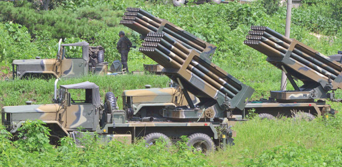 South Korean Armyu2019s multiple launch rocket system are deployed just south of the demilitarised zone in Yeoncheon, South Korea.