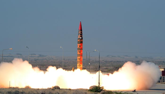 A Shaheen 1A surface-to-surface ballistic missile launched by Pakistan on Tuesday. 