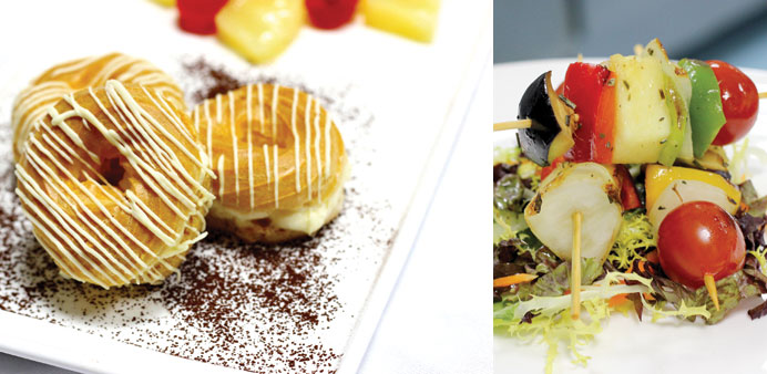 Hawaiian eclair and Grilled fruit skewers. 