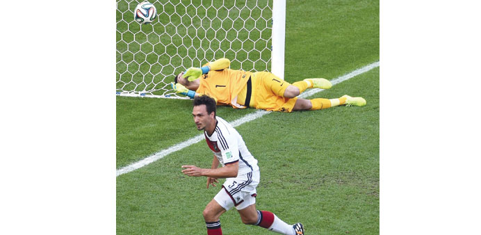 Mats Hummelsu2019 header turned out to be the winner for Germany against France in the quarter-final. (EPA)