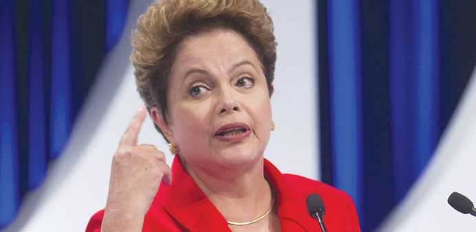 Brazilian presidential candidate and incumbent, Dilma Rousseff of Partido de los Trabajadores (PT) party, speaks during the televised presidential can