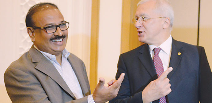 Krishna M Ella speaks with Christian Loucq during the launch of the new typhoid vaccine in Hyderabad yesterday.