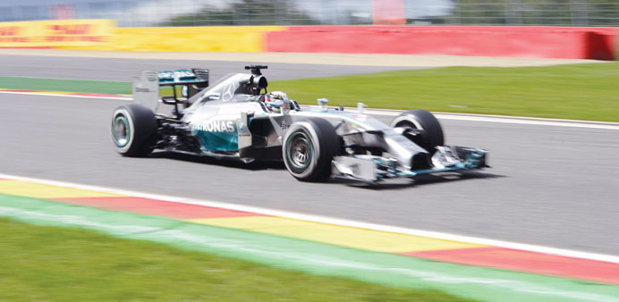 Mercedesu2019 British driver Lewis Hamilton drives during the second practice session at the Spa-Francorchamps circuit in Spa. (AFP)
