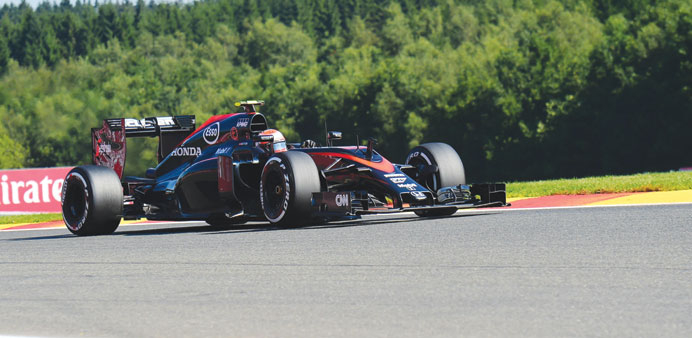 McLaren Hondau2019s British driver Jenson Button drives during the first practice session at the Spa-Francorchamps circuit in Spa yesterday.