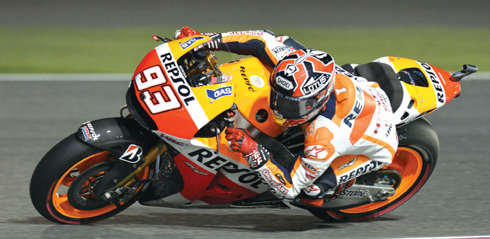 Marc Marquez in action during the Qualifying session for the Commercial Bank Grand Prix of Qatar at the Losail Circuit yesterday. Pictures: Noushad Th