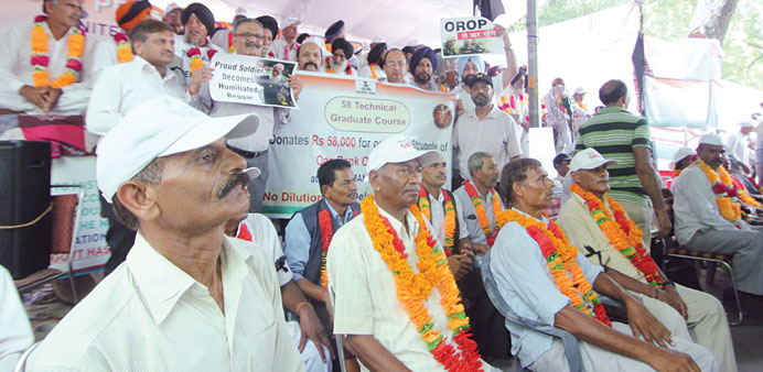 Ex-servicemen demonstrate to press for u2018one rank one pensionu2019 in New Delhi.