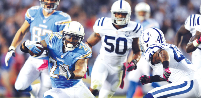 San Diego Chargers running back Ryan Mathews runs for a short gain during the first half against the Indianapolis Colts at Qualcomm Stadium on Monday.