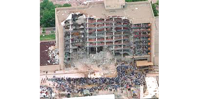 This file photo shows the aftermath of the Oklahoma City bombing in 1995 in which an ammonia-nitrate-bomb was used.  