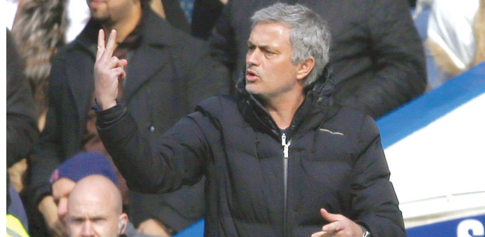 Chelsea manager Jose Mourinho gestures during the English Premier League match against Arsenal at Stamford Bridge in London on Saturday.