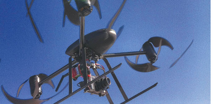 A Draganflyer X6, six-rotor remote controlled helicopter which can fly up to 20mph and travel up to a quarter mile away and 400ft high, at the Grand V