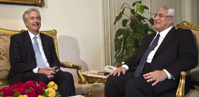 Burns meets with Mansour in the presidential palace in Cairo yesterday. 