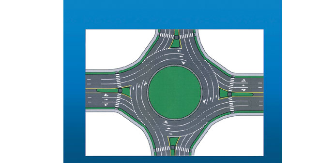 A multi-lane roundabout with markings showing the right lanes for use of motorists.
