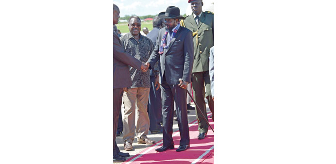 South Sudanese President Salva Kiir arrives at Juba International Airport yesterday as he returns from Addis Ababa.   
