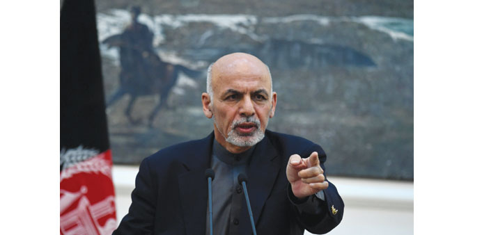 Afghan President Ashraf Ghani gestures as he addresses a press conference at the Presidential Palace in Kabul yesterday. 