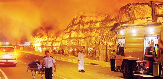 The fire raging at the  warehouse. PICTURE: Jayan Orma