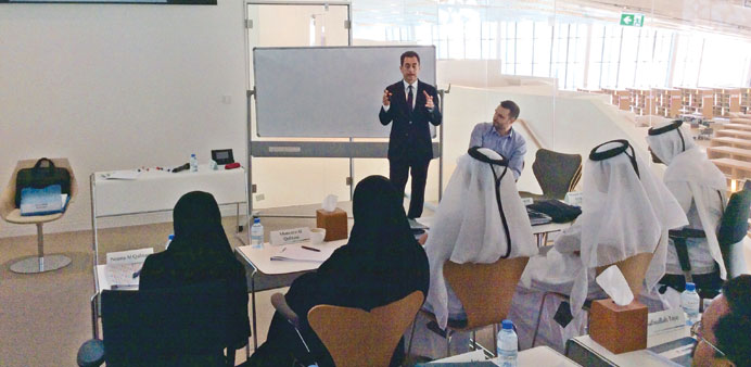 Eric Chevallier delivering a lecture on climate change at the Hamad Bin Khalifa University yesterday.