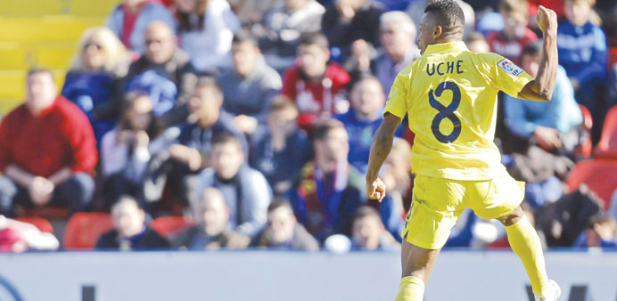   Villarrealu2019s Ikechukwu Uche celebrates his goal against Levante during their La Liga match in Valencia on Sunday. (AFP)