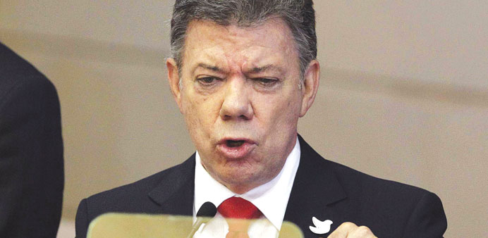 Colombian President Juan Manuel Santos speaks during the opening session of the Congress, in Bogota, Colombia.